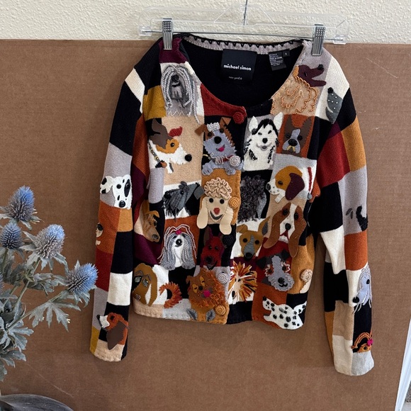 Michael Simon Sweaters - VTG Michael Simon New York 1998 Dog Embroidered Beaded Cardigan Sweater Sz S